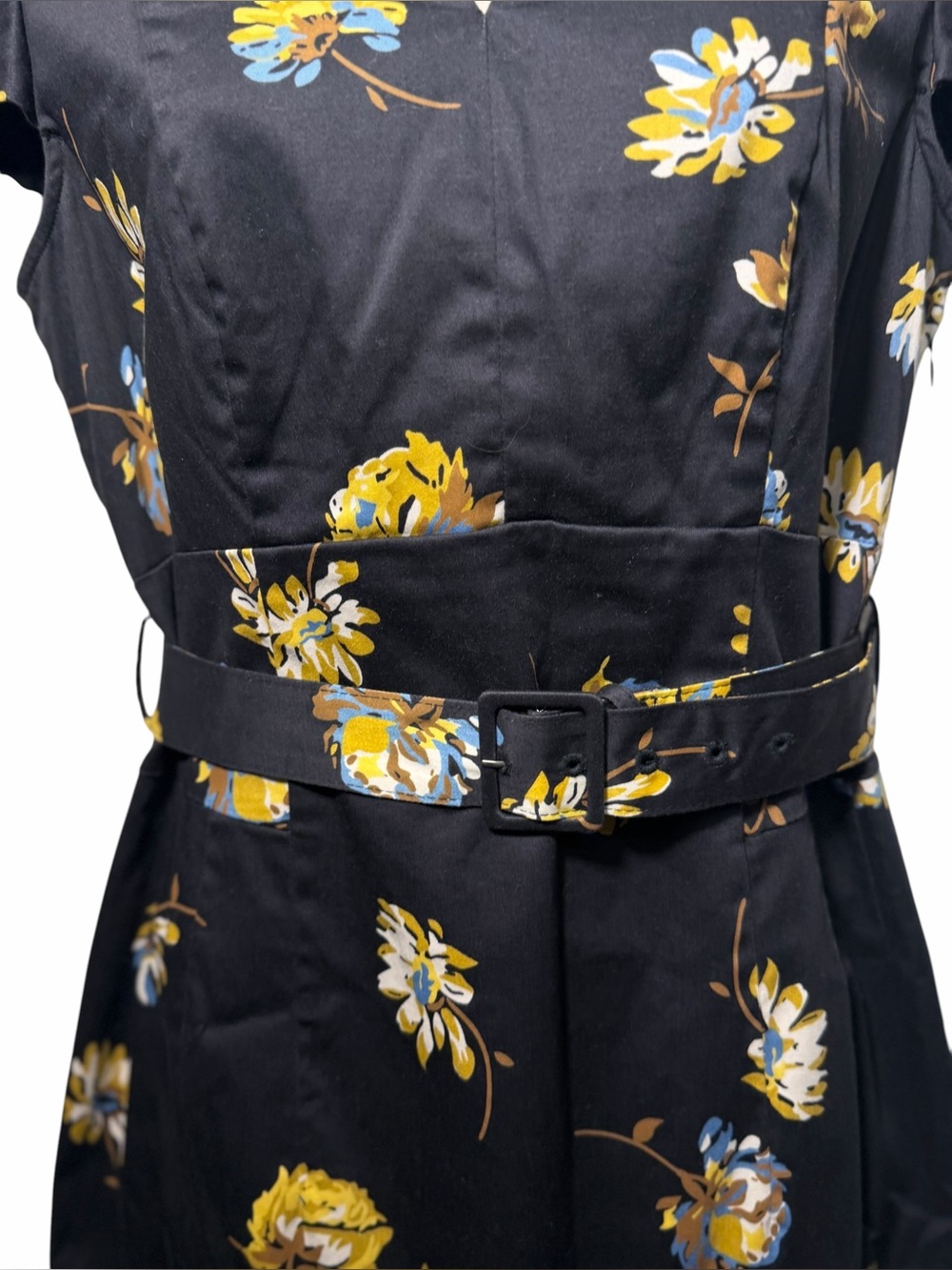 Boden Floral Black Belted Pencil Skirt Dress With Slit And Side Pocket Women 6R - Picture 4 of 14